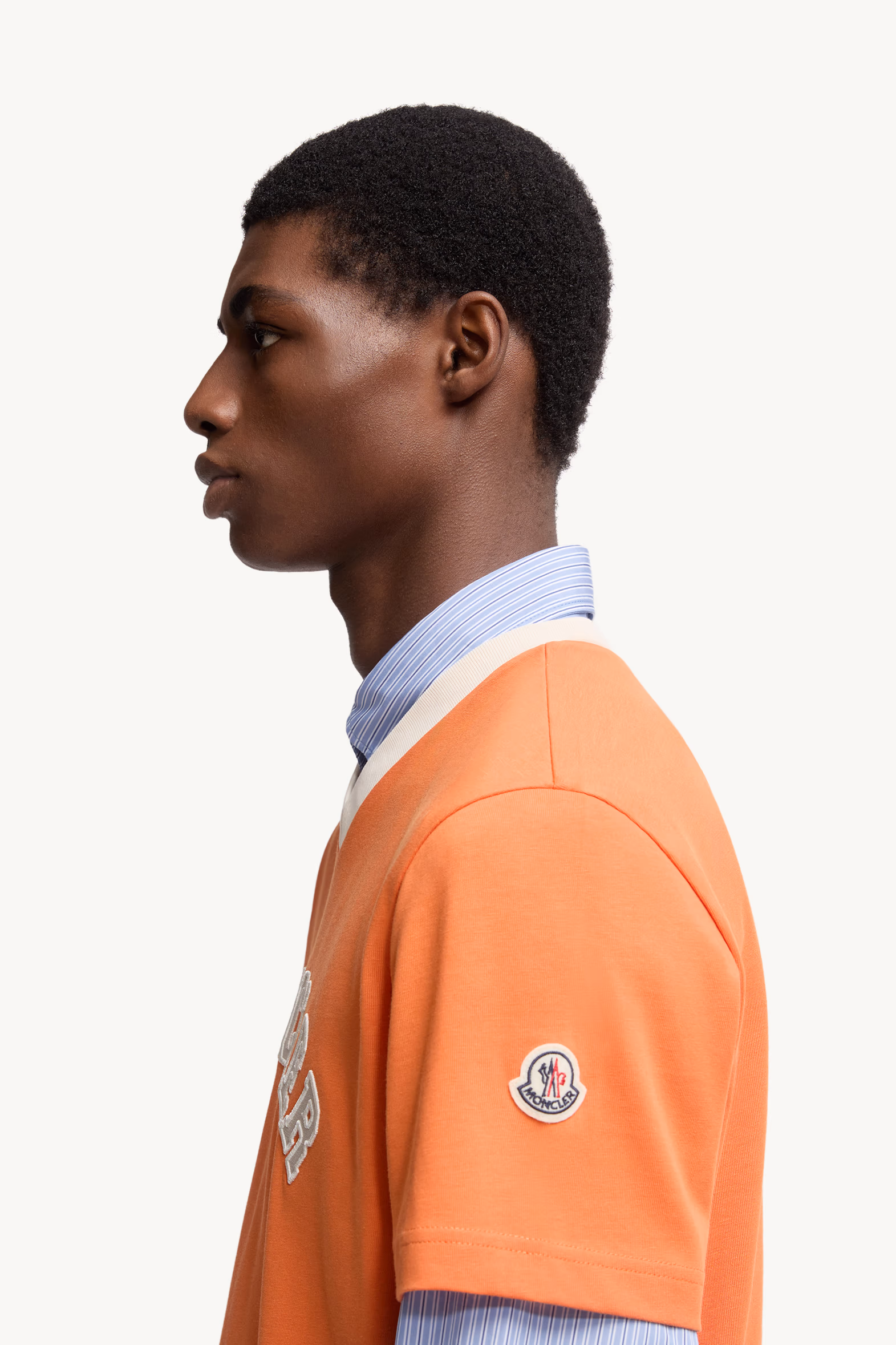 Embroidered Logo Cotton Piquet V-Neck T-Shirt Men Orange Moncler 4